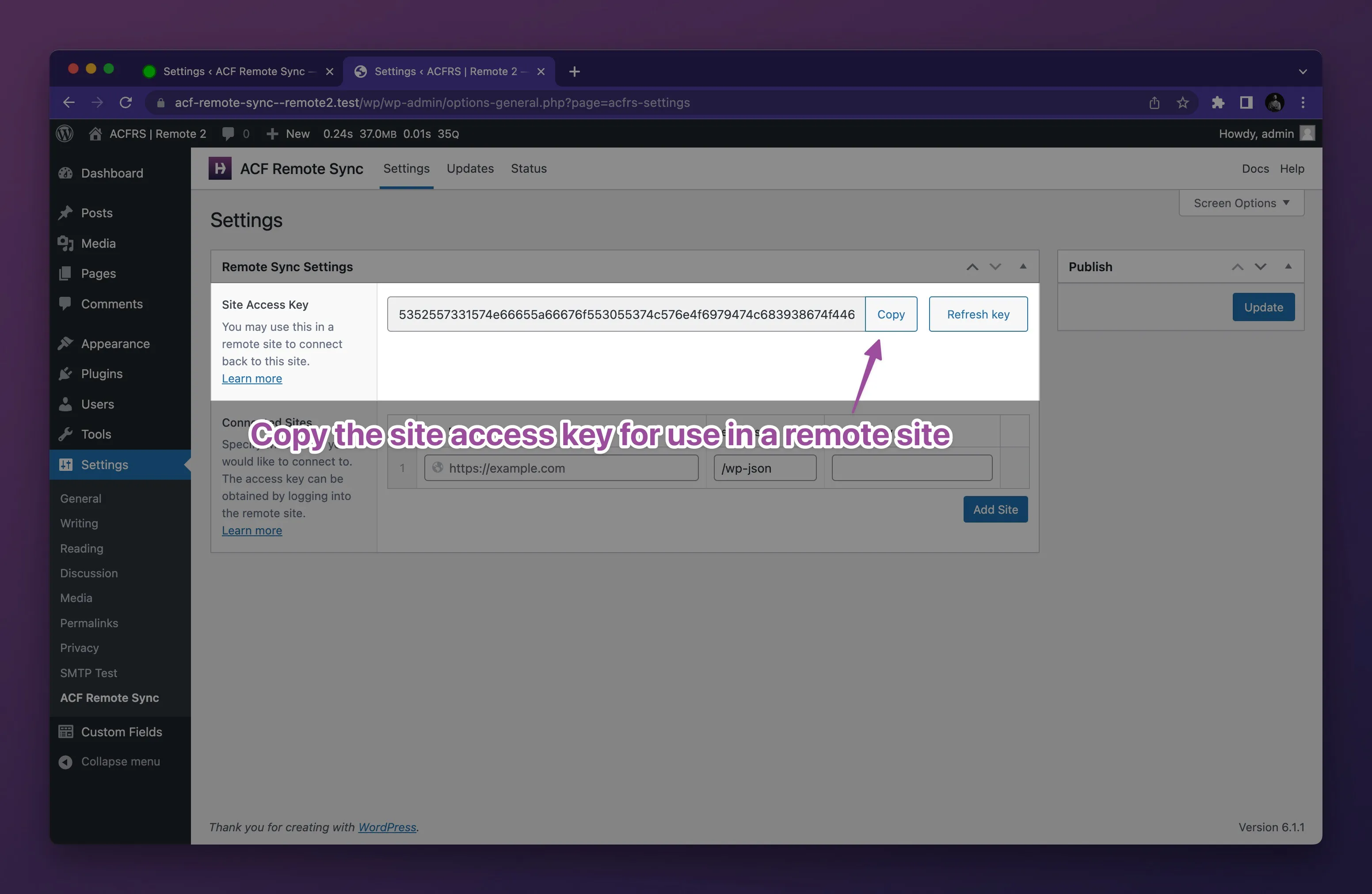 Copying the site access key